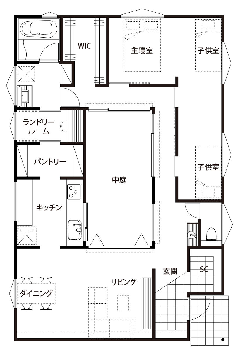 中庭のあるロの字型平屋の間取り