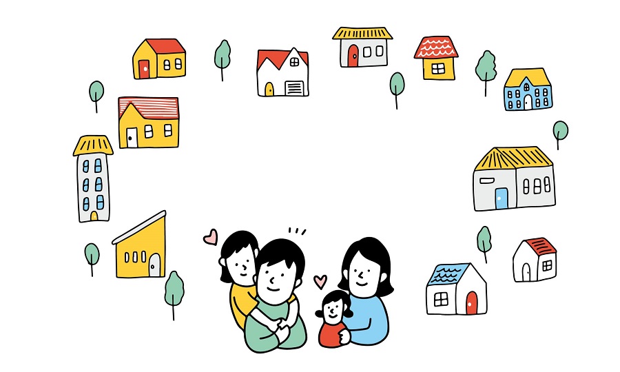 地域・街と家族のフレーム　住宅・引越しを検討する四人家族のイラスト