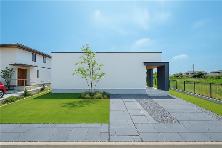 白と黒のコントラストが美しい平屋の外観