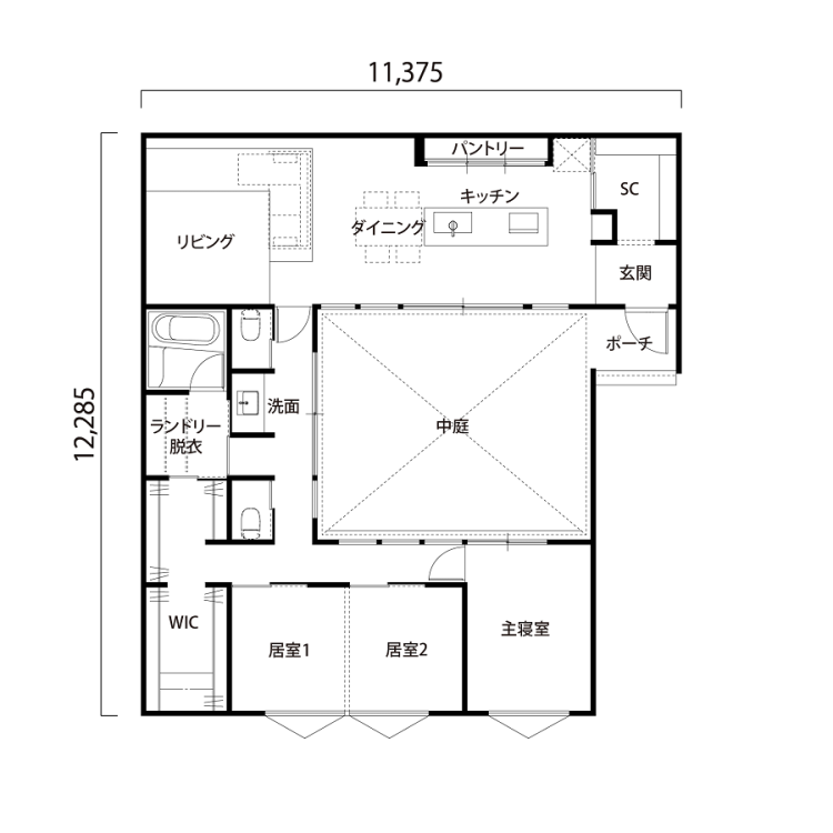 中庭のある平屋の間取り